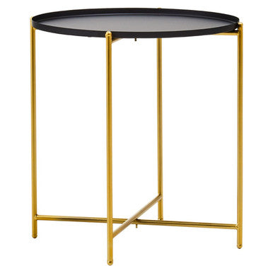 Black Tray Top Round Side Table with Gold Finish Iron Stand, Trosa
