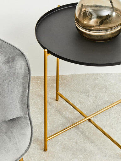 Black Tray Top Round Side Table with Gold Finish Iron Stand, Trosa