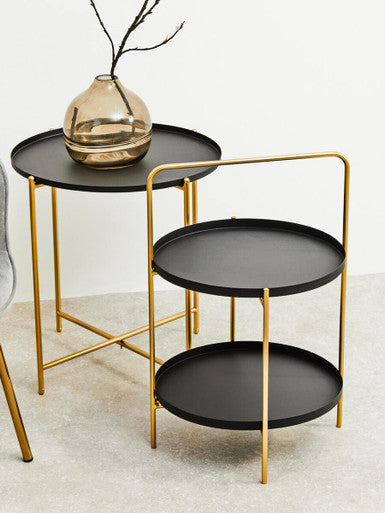 Black Tray Top Round Side Table with Gold Finish Iron Stand, Trosa
