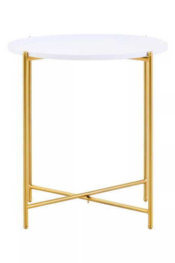 White Tray Top Round Side Table with Gold Finish Criss Cross Base, Trosa