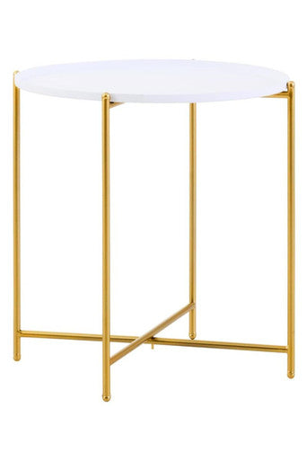 White Tray Top Round Side Table with Gold Finish Criss Cross Base, Trosa