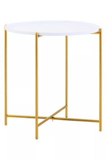 White Tray Top Round Side Table with Gold Finish Criss Cross Base, Trosa