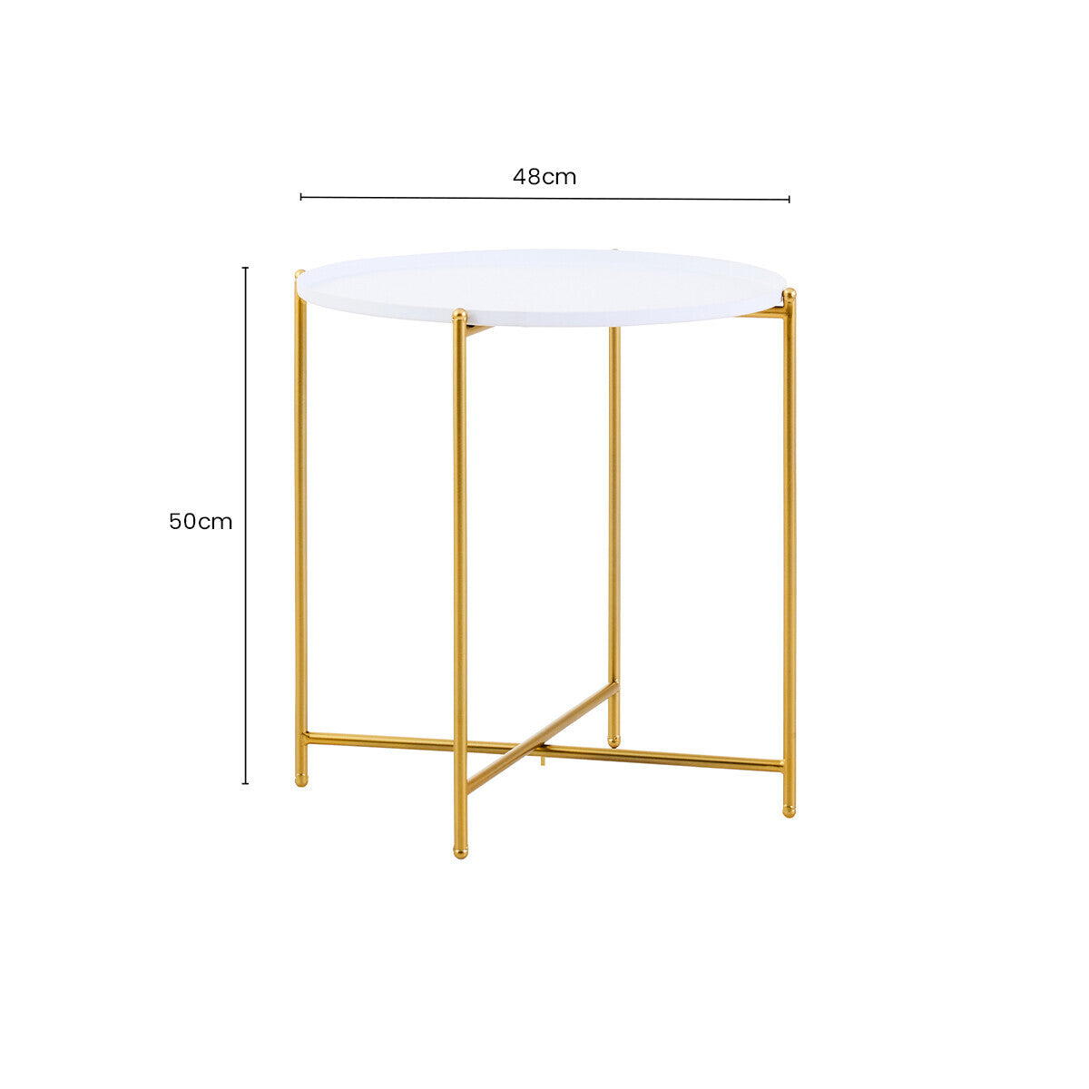 White Tray Top Round Side Table with Gold Finish Criss Cross Base, Trosa