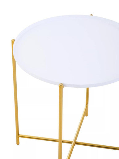 White Tray Top Round Side Table with Gold Finish Criss Cross Base, Trosa