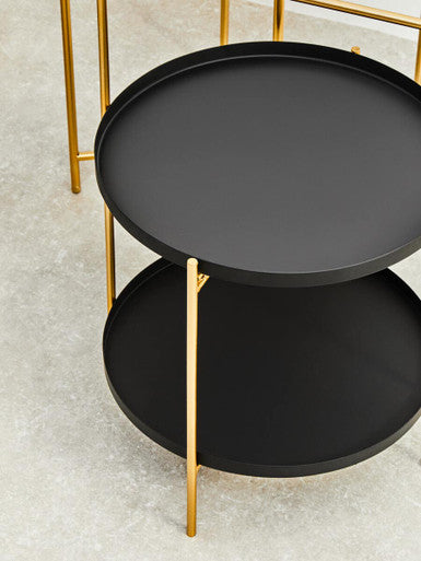 Black Rounded Shelves Two-Tier Side Table with Gold Iron Stand, Trosa