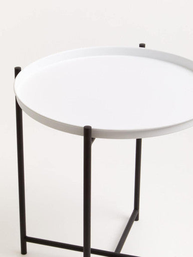 Round White Top Side Table with Black Iron Lattice Base, Trosa