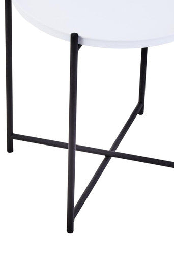 Round White Top Side Table with Black Iron Lattice Base, Trosa