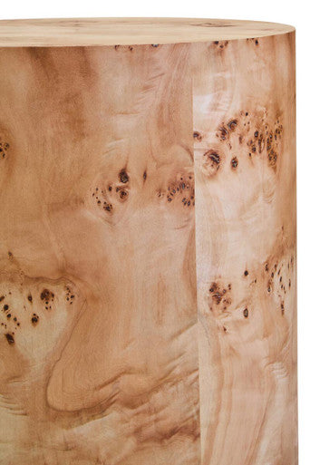 Natural Burl Wood Round Side Table with Drum Shape Design, Mota
