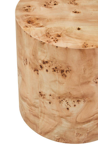 Natural Burl Wood Round Side Table with Drum Shape Design, Mota