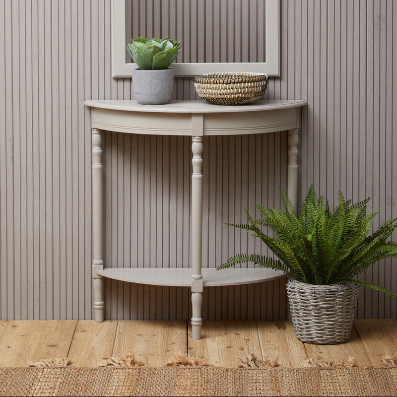 Grey Half Moon Pine Wood Console Table with 1 Lower Storage Shelf, Heritage