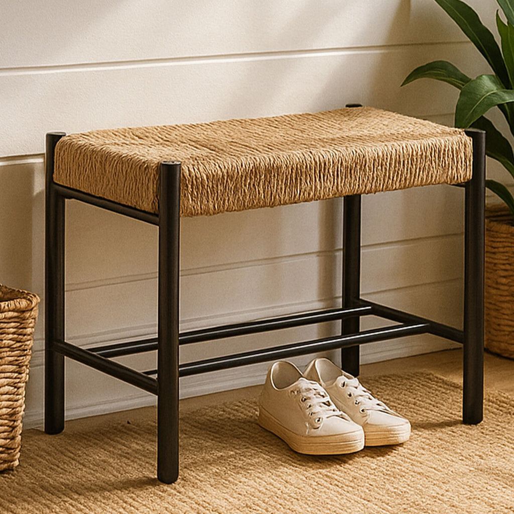 Bandar Small Natural Rope Black Beechwood Bench with Handwoven Seat