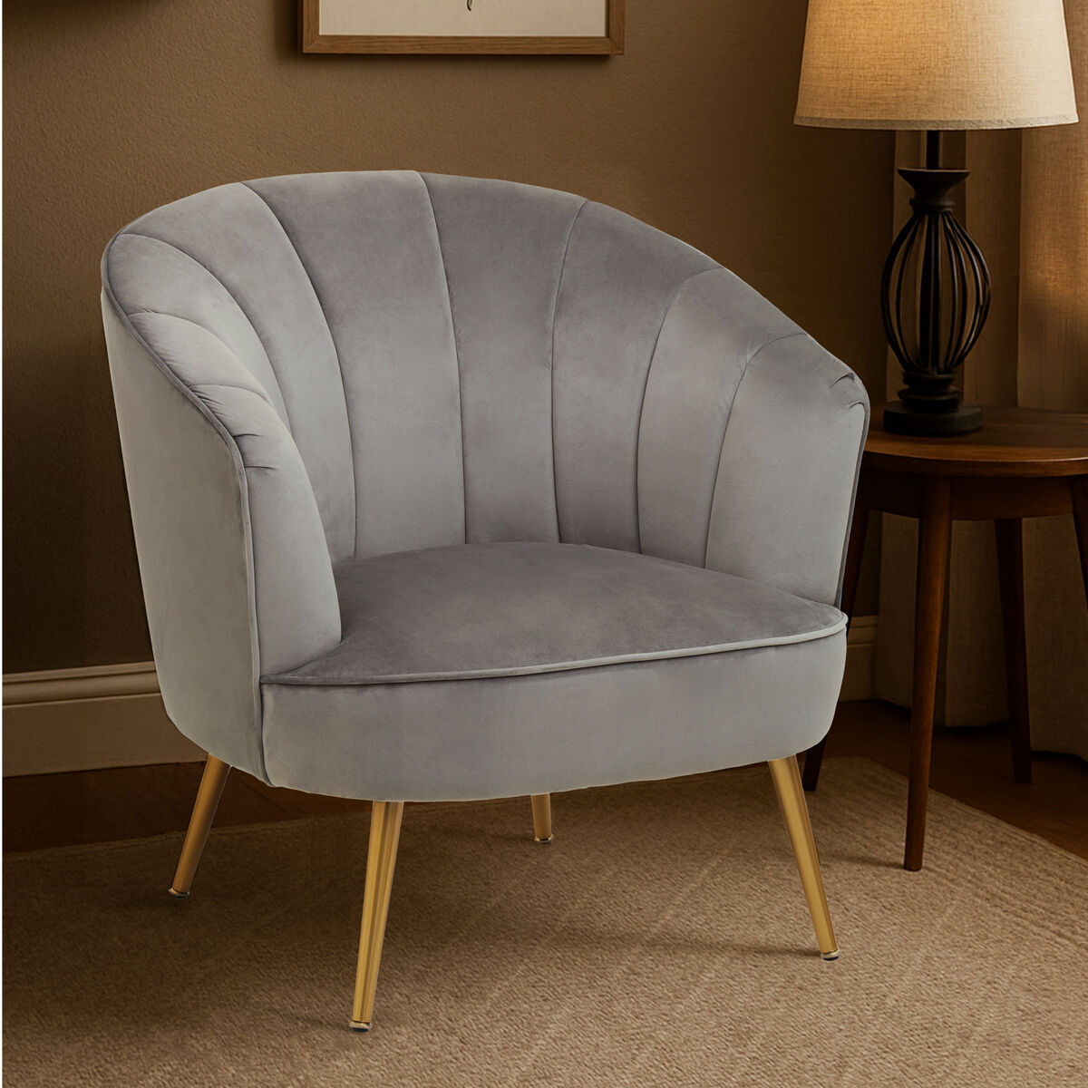 Yolanda Grey Velvet Chair with Curved Back