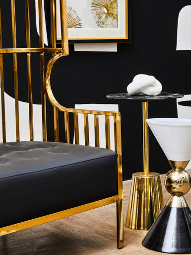 Black Marble Effect Top Side Table with Luxe Gold Metal Base, Avola