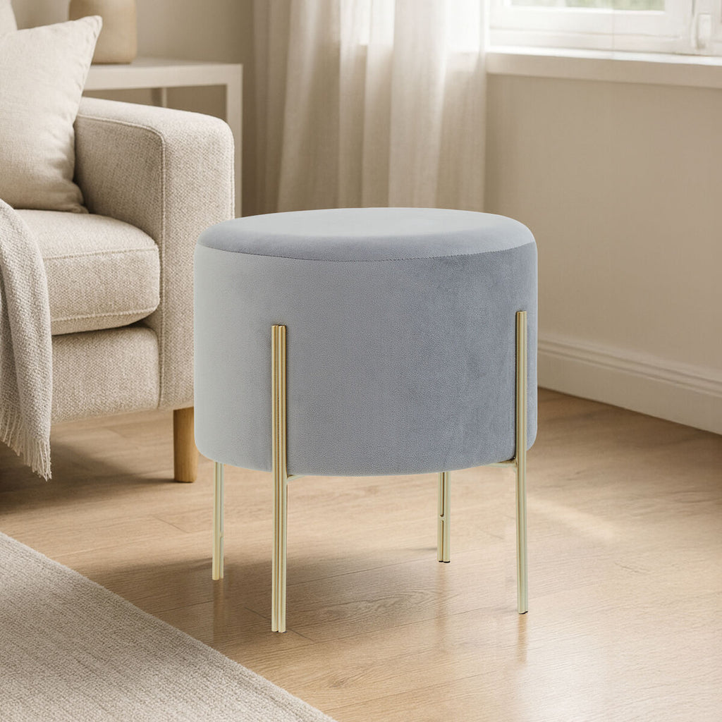Hayes Round Grey Velvet Stool with Gold Finish Legs