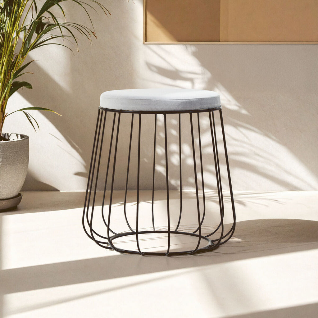 Hayes Grey Velvet Stool with Black Metal Cage Base