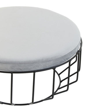 Hayes Round Grey Velvet and Black Metal Large Footstool