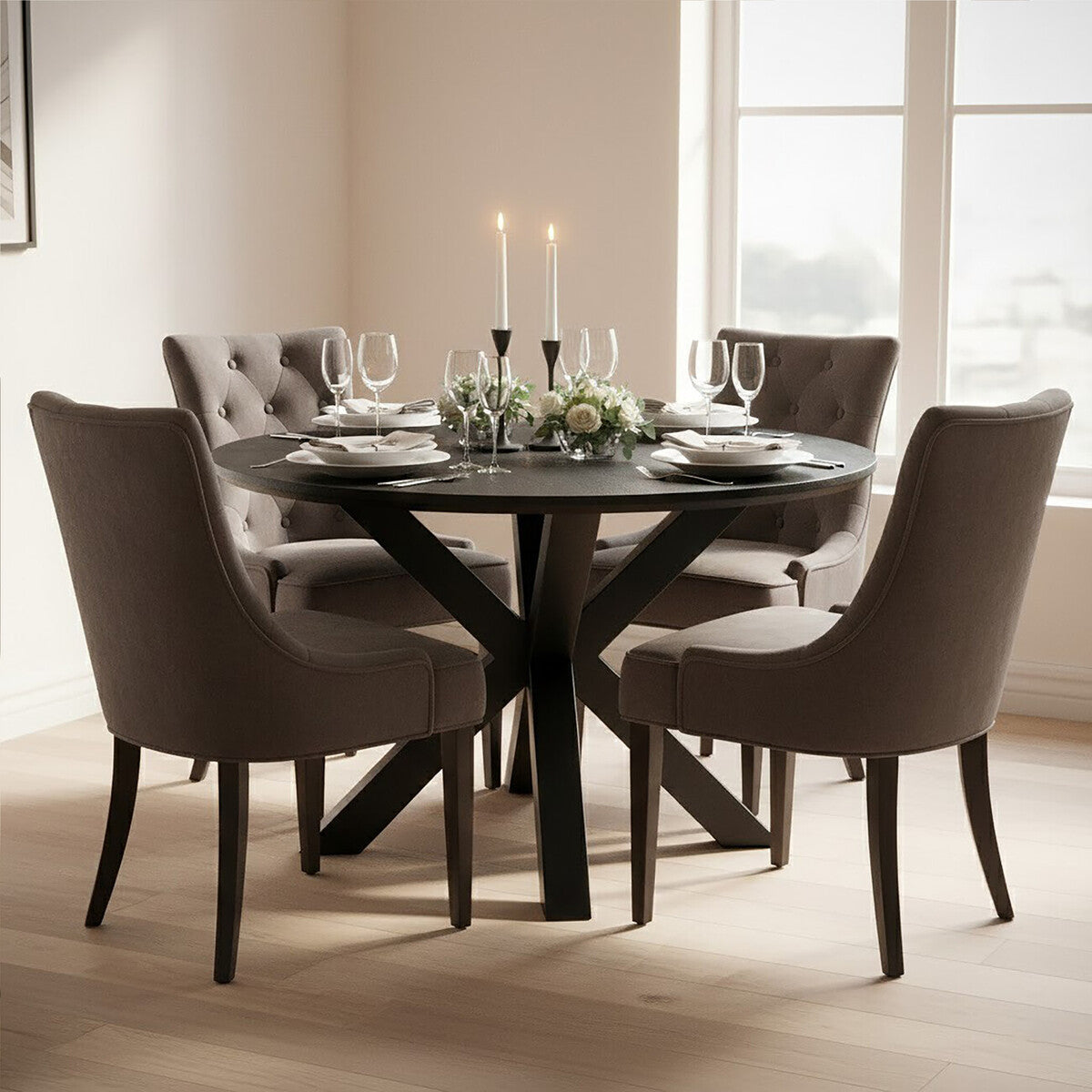 Black Wood Veneer Round Top Dining Table with Metal Legs, Salford