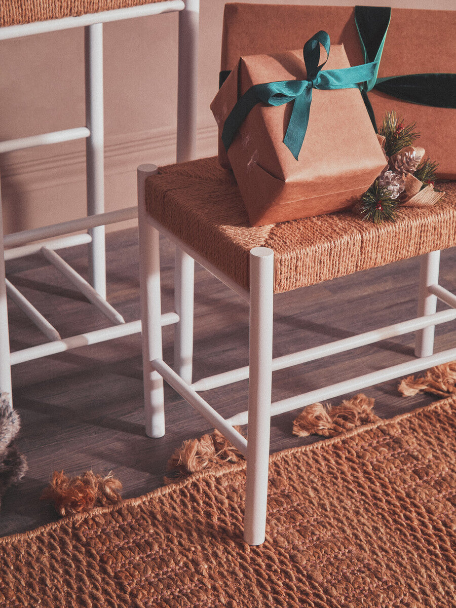 Bandar Small Natural Rope White Beechwood Bench with Handwoven Seat