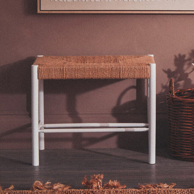 Bandar Small Natural Rope White Beechwood Bench with Handwoven Seat