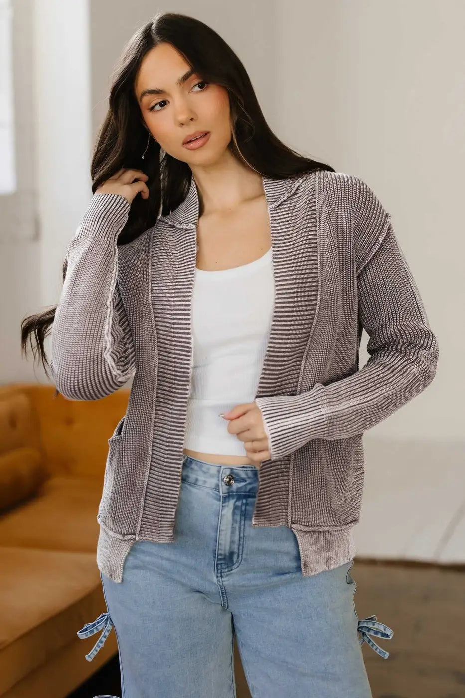 Stonewash Patchwork Knit Open Cardigan Women UK