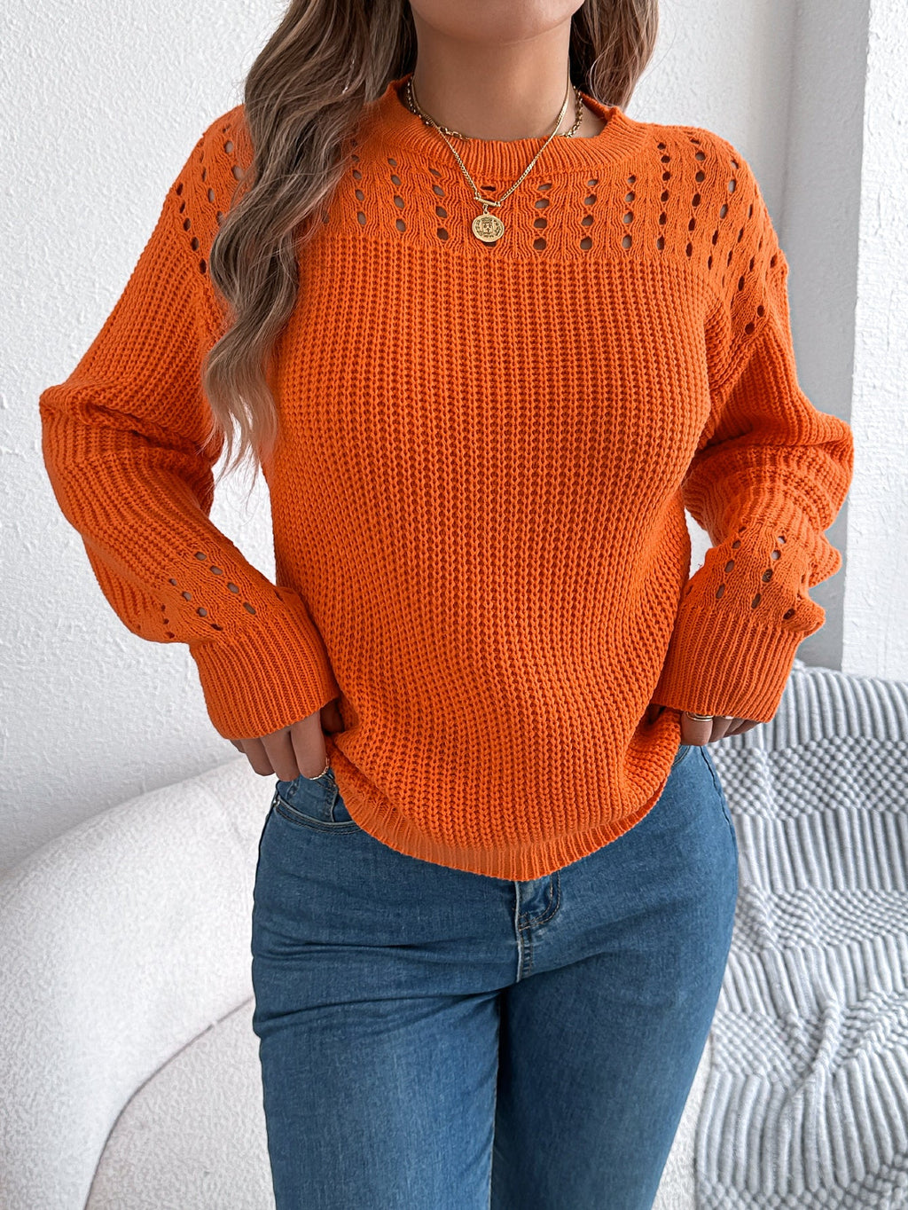 Women Casual Solid Color Hollow Out Lantern Sleeve Pullover Sweater