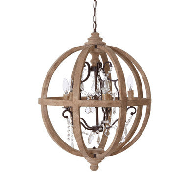 Pia 5 Arm Metal and Oak Wood Orb Chandelier