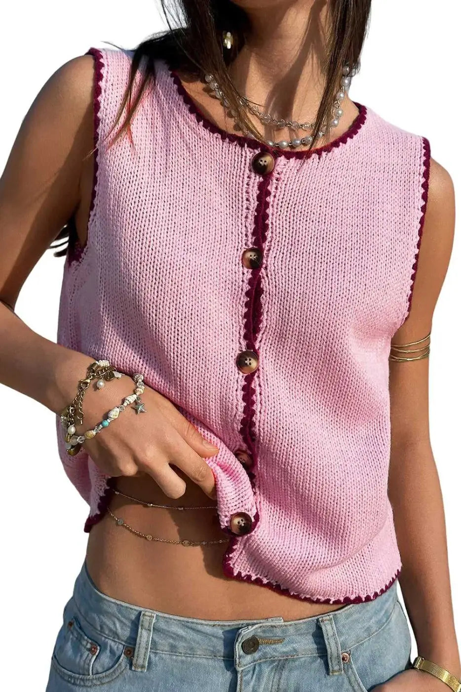 Pink Contrast Trim Knit Crop Top