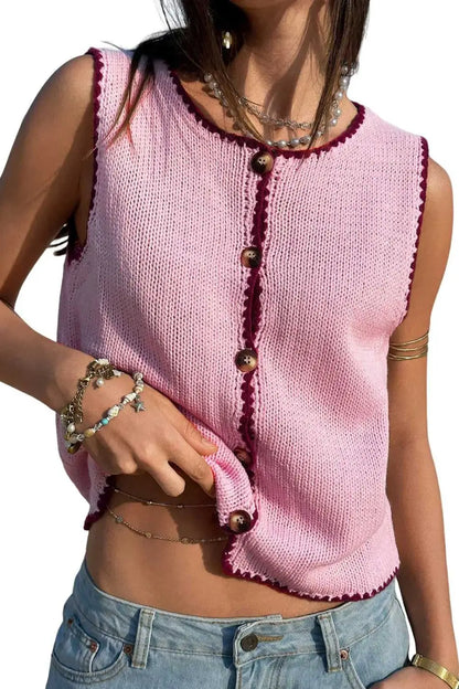 Pink Contrast Trim Knit Crop Top