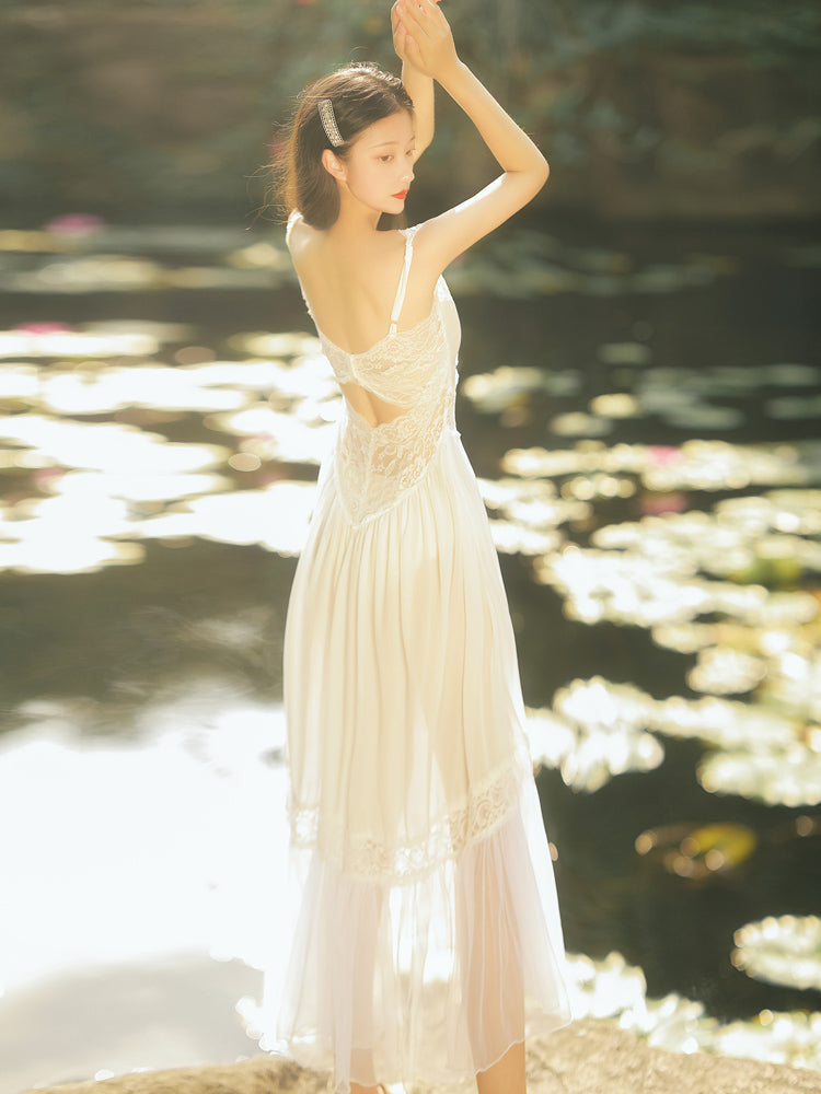 Women's  Backless White Chiffon Lace Dress