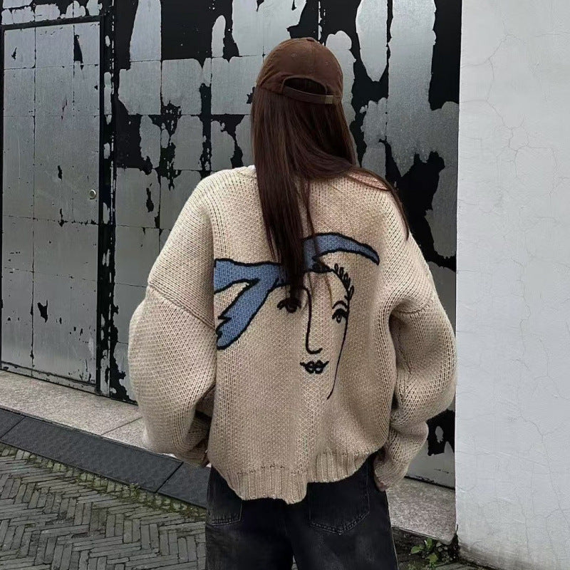 American Retro Sweater Cardigan Women's Autumn And Winter Peace Dove Jacquard Sweater
