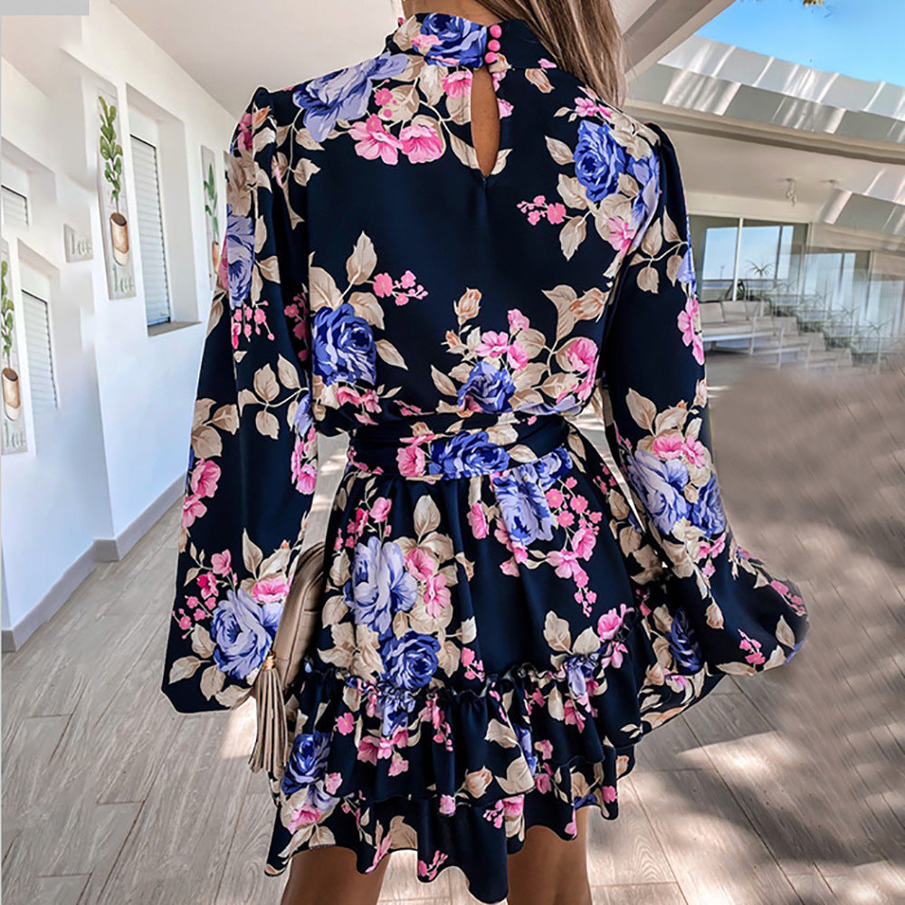 Autumn Trend Printing Long-sleeved High-neck Dress