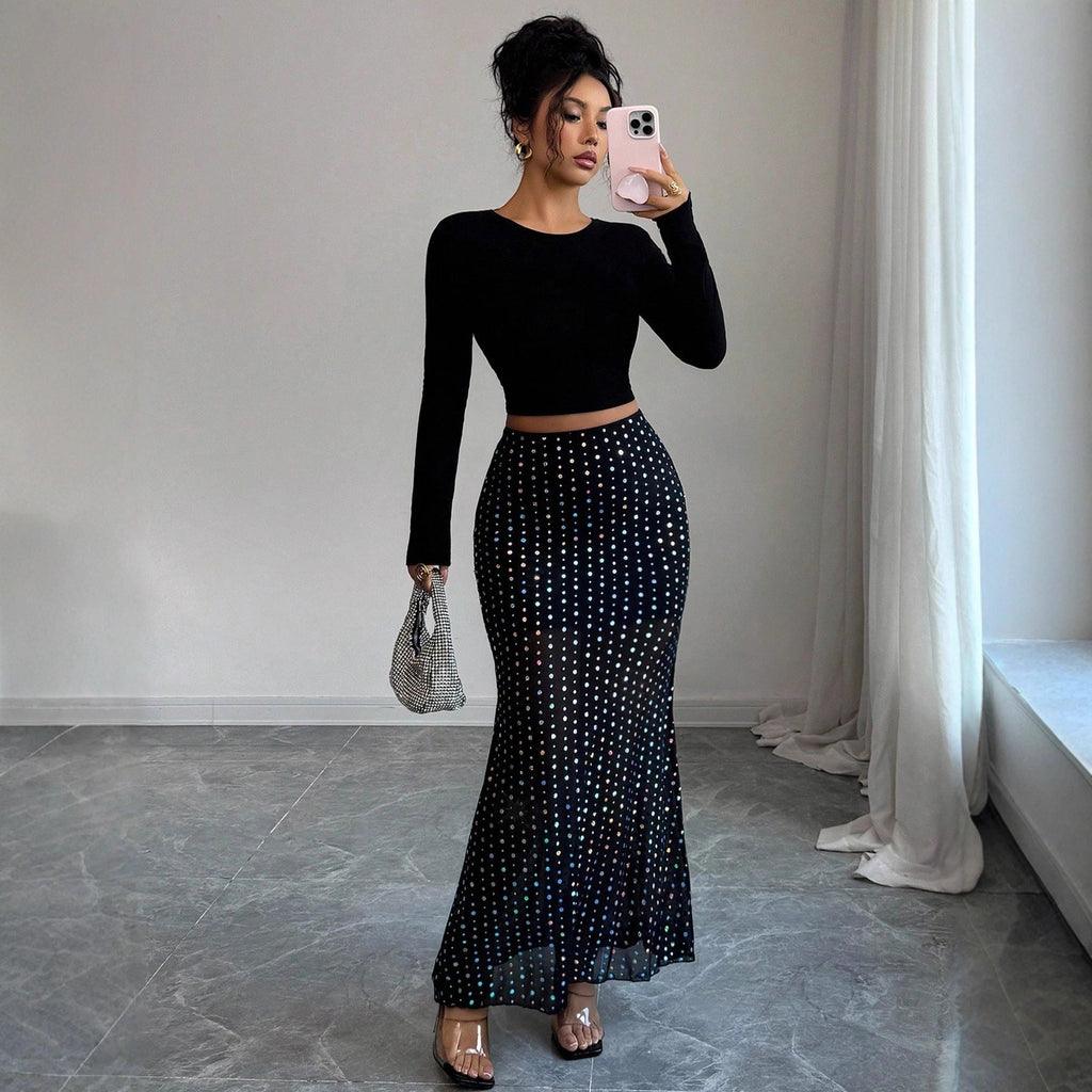 Shimmery Sequin Doublelayer Mesh Highwaist Figurehugging Hipskimming Skirt