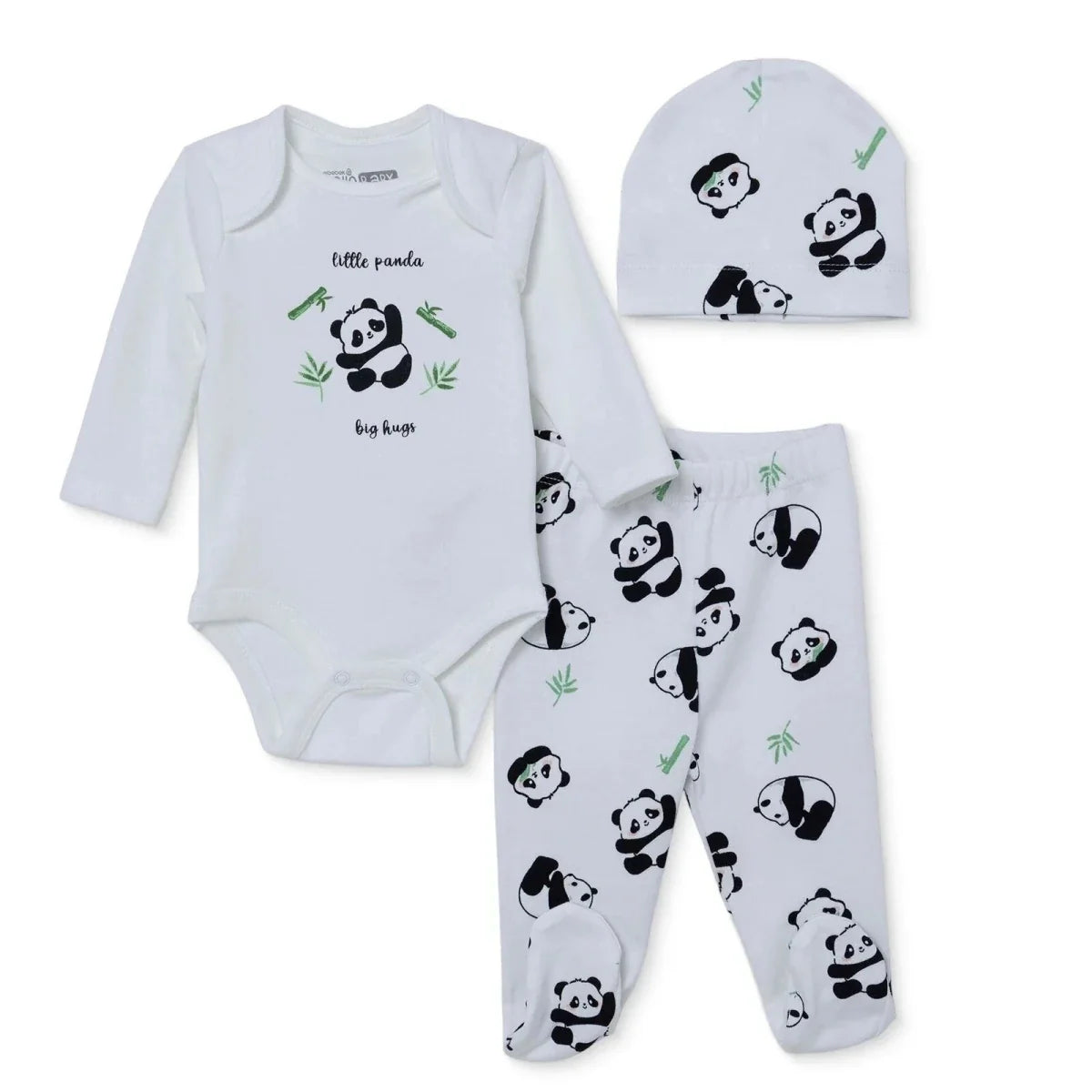 HelloBaby Panda Print Baby Bodysuit, Hat & Bottoms Set (Newborn to 6-9 Months)