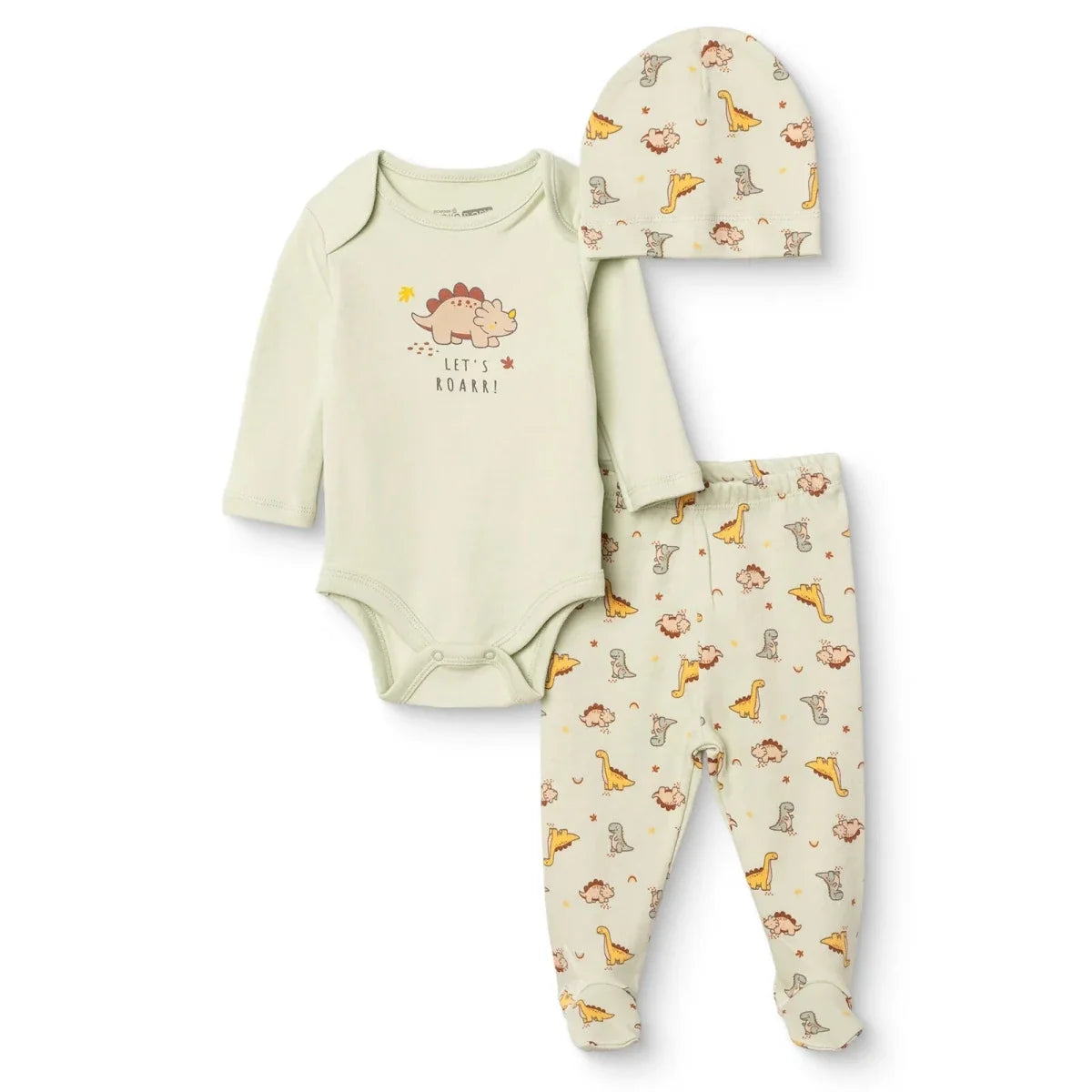 HelloBaby Dinosaur Print Baby Bodysuit, Hat & Bottoms Set (Newborn to 6-9 Months)