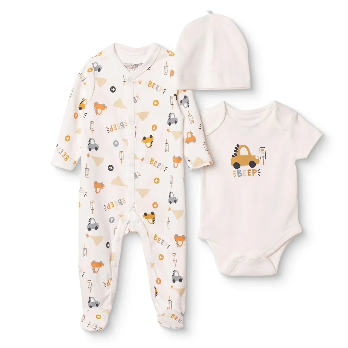 HelloBaby Car Print Baby Bodysuit, Hat & Sleepsuit Set (Newborn to 3-6 Months)