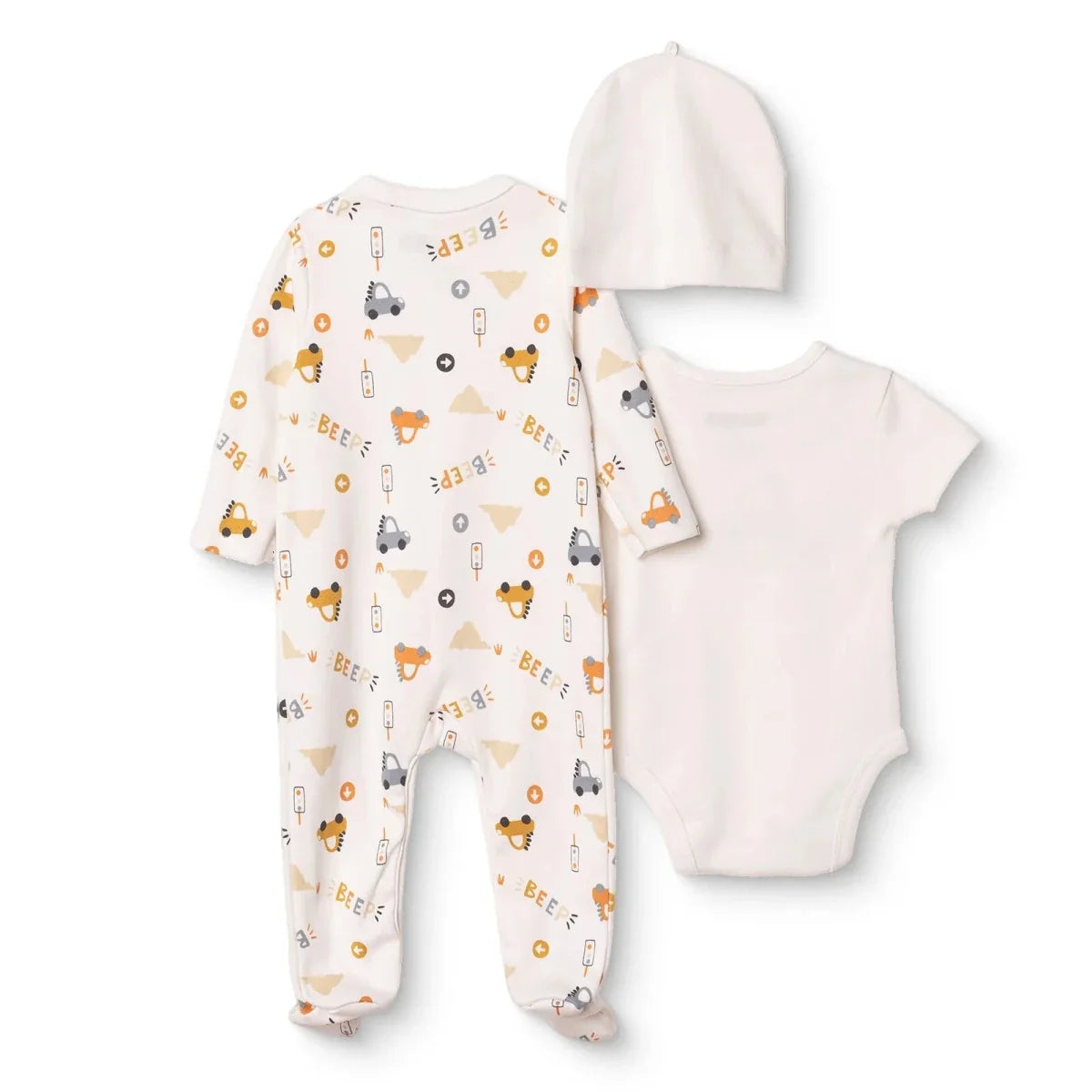 HelloBaby Car Print Baby Bodysuit, Hat & Sleepsuit Set (Newborn to 3-6 Months)