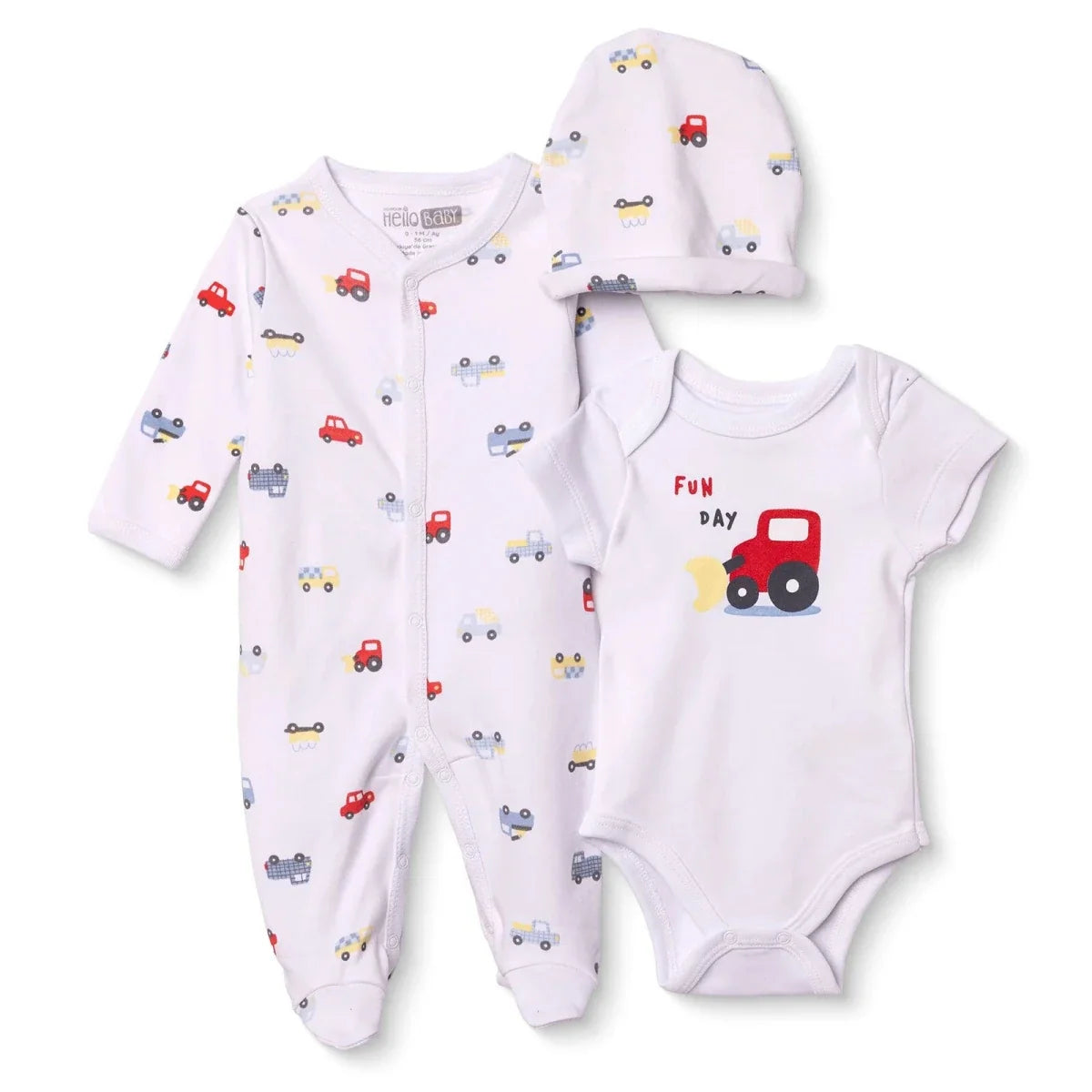 HelloBaby Car Print Baby Bodysuit, Hat & Sleepsuit Set (Newborn to 3-6 Months)