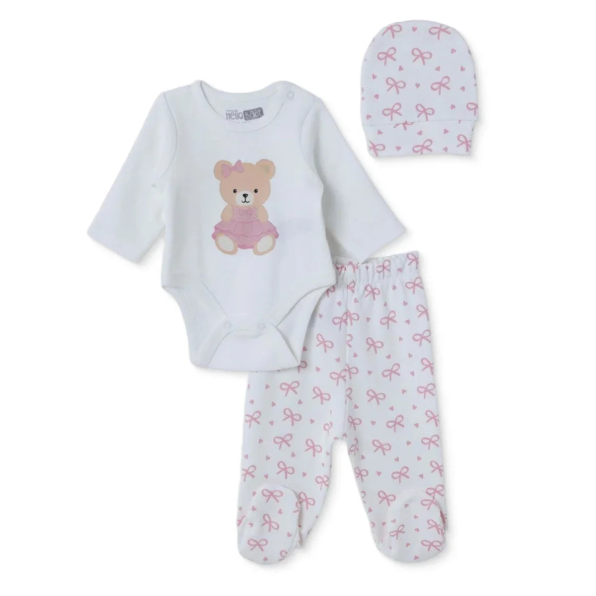 HelloBaby Bear Print Baby Bodysuit, Hat & Bottoms Set (Newborn to 6-9 Months)