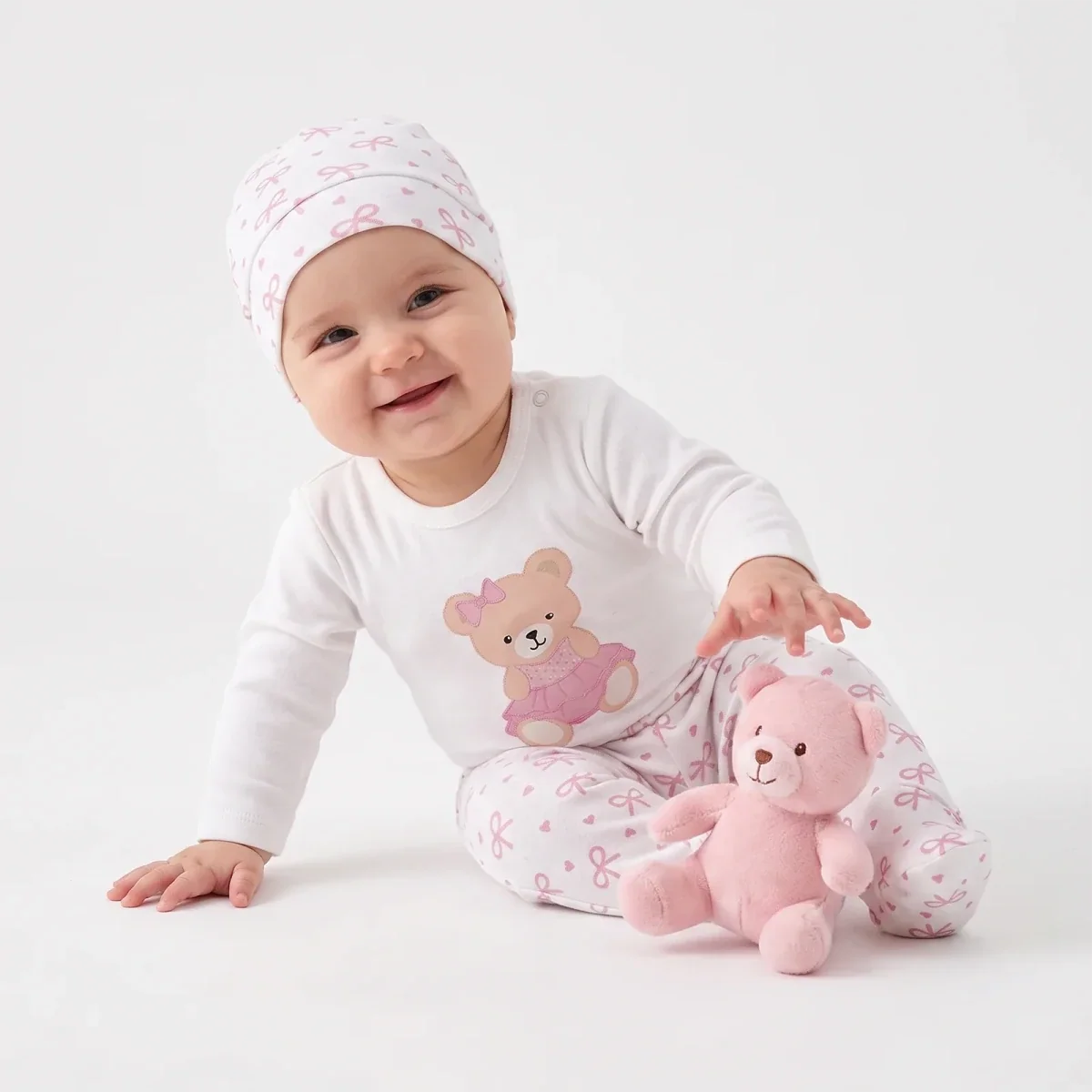 HelloBaby Bear Print Baby Bodysuit, Hat & Bottoms Set (Newborn to 6-9 Months)