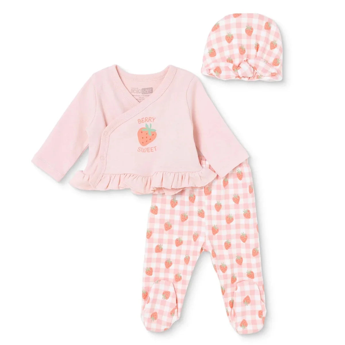 HelloBaby Strawberry Print Baby Hat, Vest & Bottoms Set (Newborn to 3-6 Months)