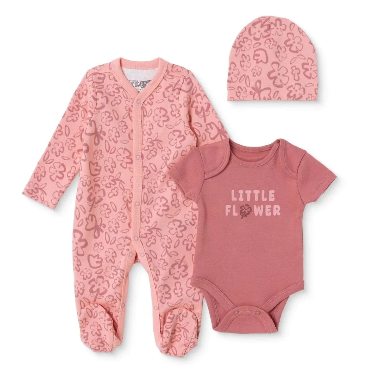 HelloBaby Floral Print Baby Bodysuit, Hat & Sleepsuit Set (Newborn to 3-6 Months)