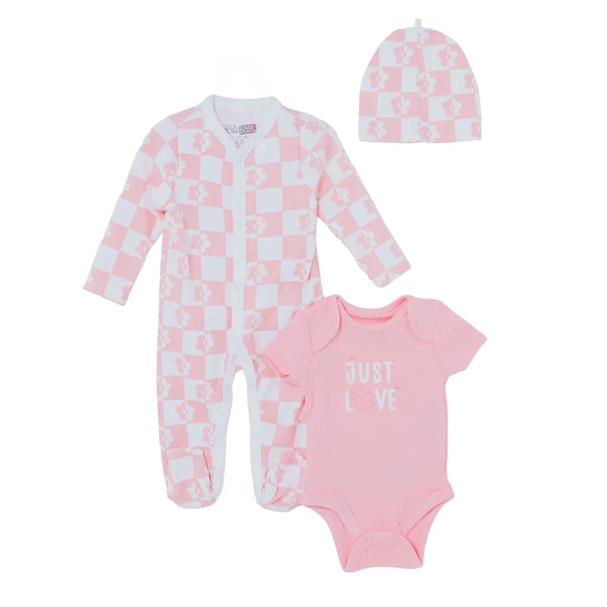 HelloBaby "Just Love" Slogan Baby Bodysuit, Hat & Sleepsuit Set (Newborn to 3-6 Months)