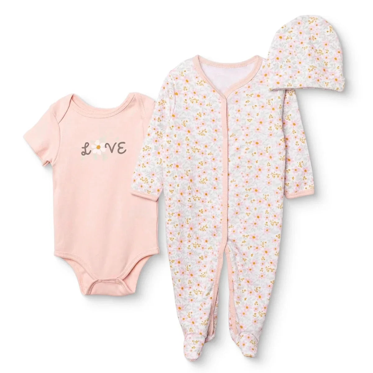 HelloBaby Floral Print Baby Bodysuit, Hat & Sleepsuit Set (Newborn to 3-6 Months)