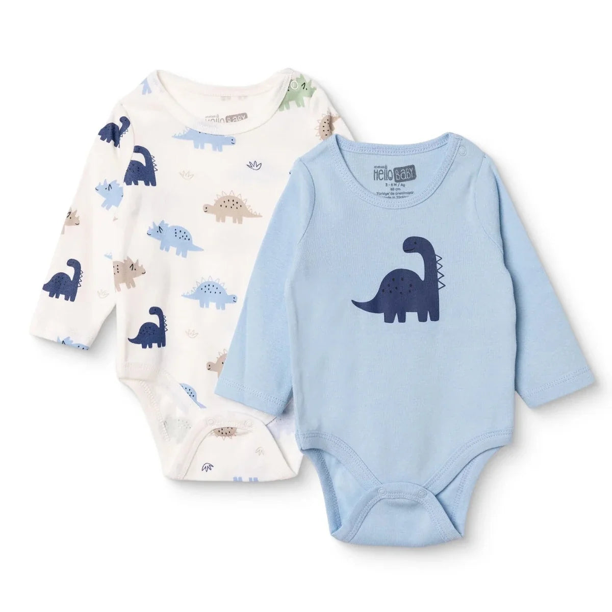 HelloBaby 2 Pack Dinosaur Print Long Sleeve Baby Bodysuits (1-3 Months to 2-3 Years)