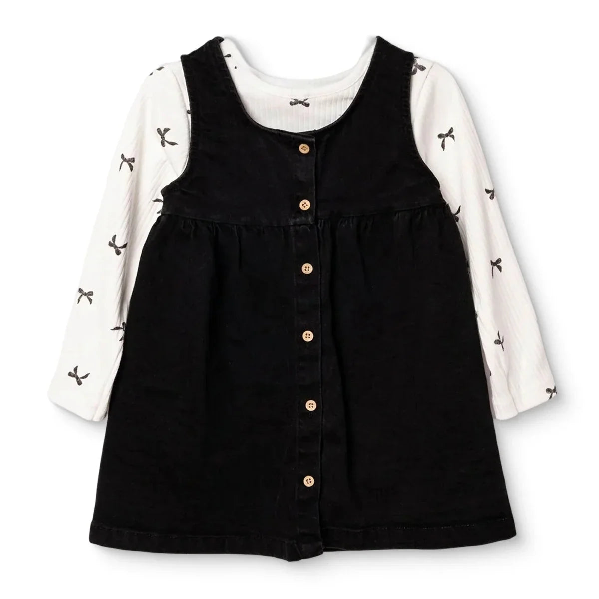 HelloBaby Bow Print Denim Dungarees & Long Sleeve T-Shirt Set (6-9 Months to 4-5 Years)
