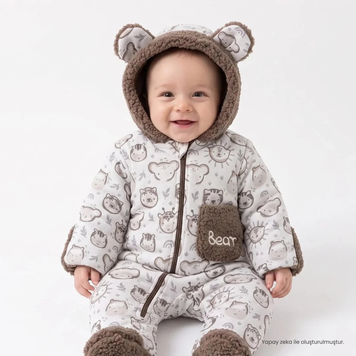 Midimod Animal Print Hooded Lined Fleece Baby Pramsuit (1-3 Months to 12 Months)