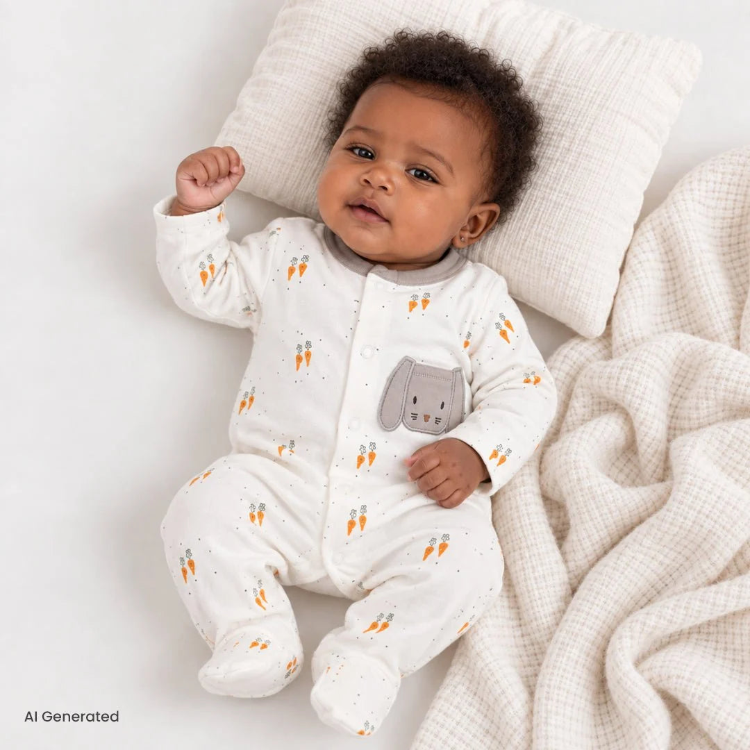 Bebetto Bunny Embroidered Long Sleeve Interlock Baby Sleepsuit with Feet (Newborn to 6-9 Months)