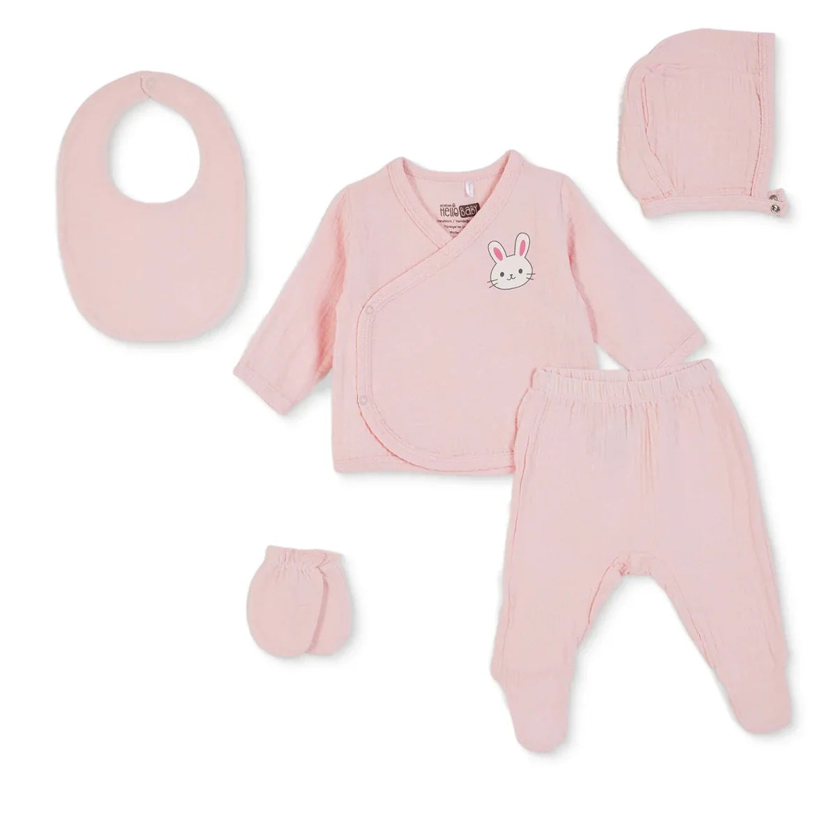 HelloBaby 5 Piece Bunny Print Muslin Baby Hospital Bag Set on a Hanger (Newborn)