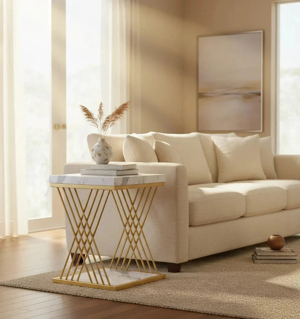 Chic Modern Square Side Table with Faux Marble Top