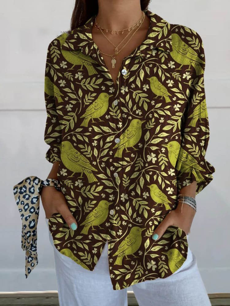 Flowers Print Long Sleeve Shirt Fashion Stand Collar Button Tops For Women Clothing